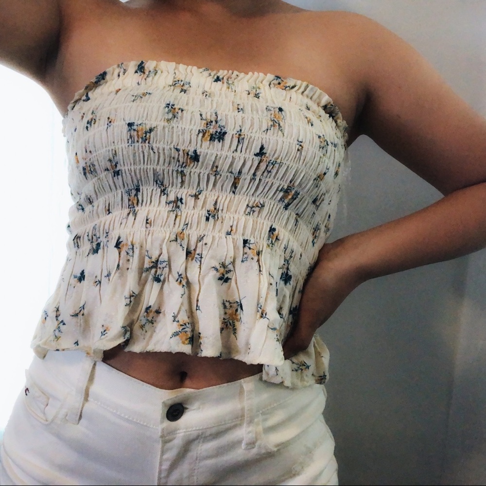 American Eagle Yellow and Floral Ruffle Crop Top